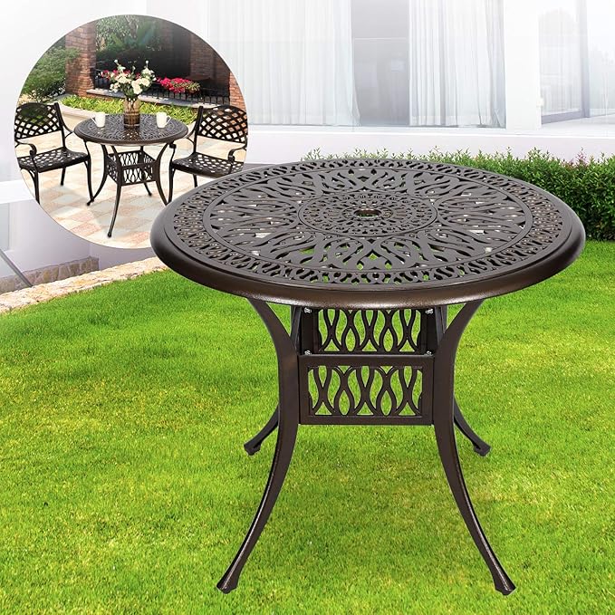 YUSING 35.4" Outdoor Dining Table,Patio Cast Aluminum Table,Furniture Set,Bistro Round Table with 2" Umbrella Hole for Kitchen,Garden,Yard