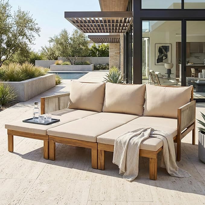 LUMISOL Outdoor Patio Day Bed Sofa, 3 Seat Convertible Sleeper Sofa for Poolside Backyard, Patio Furniture Lounge Couch with Cushion, Brown