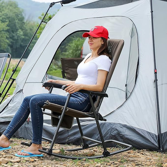 TIMBER RIDGE Outdoor Folding Rocking Chair, 29" Padded High Back Neck & Back Support, Hard Armrests for Easy Stand Up, Stable Steel Frame Supports 300 lb, Quick Fold for Patio, Lawn & RV Camping,Brown