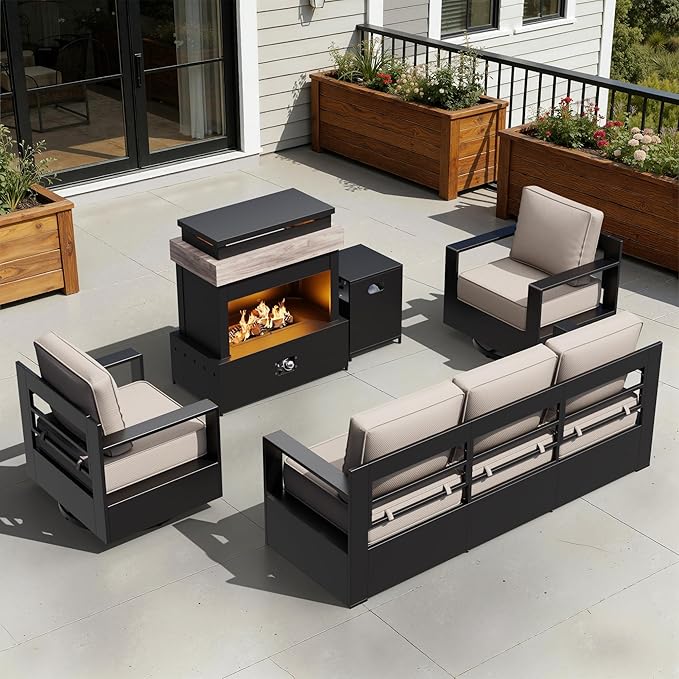 Outdoor Aluminum Furniture Set, 4-Piece Patio Conversation Set, 2 Swivel Chairs, 1 Sofa and 1 Fireplace - Photo 1
