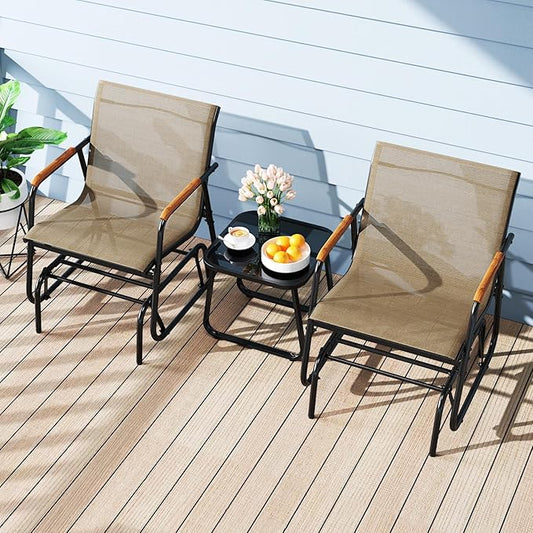 Giantex 3-Piece Outdoor Glider Set, 2-Pack Rocking Chairs with Small Tempered Glass Coffee Table, Metal Frame, Porch Rocker, Patio Bistro Set for Outside, Garden, Backyard, Balcony, Brown