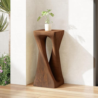 Christopher Knight Home Novi 26.8"H Lightweight Concrete Outdoor Side Table, Hollow Twist-Shaped Patio End Table, MGO Outdoor Coffee Table, Garden Plant Stand Indoor, Wood-Like Texture, Antique Brown
