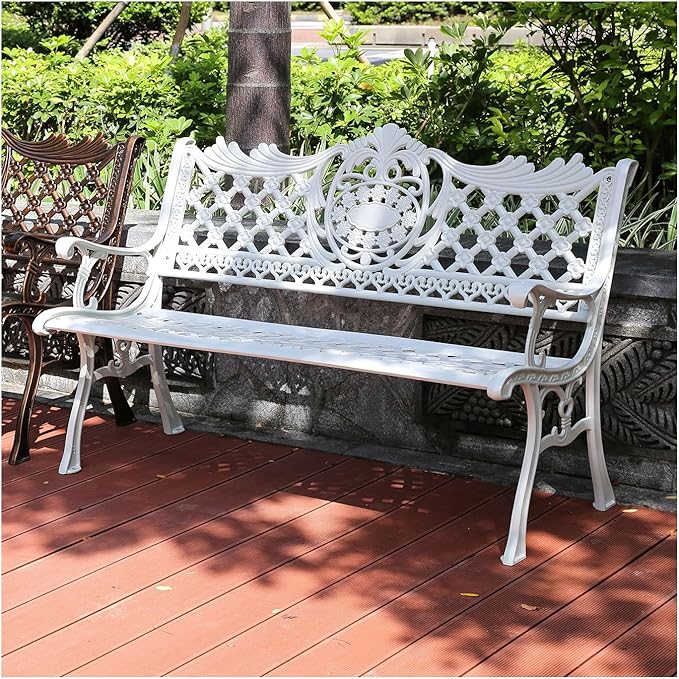 51" Outdoor Bench Garden Bench Cast Aluminum Bench with Floral Back Metal Front Porch Benches for Yard Patio Entryway Park (Pitted White)