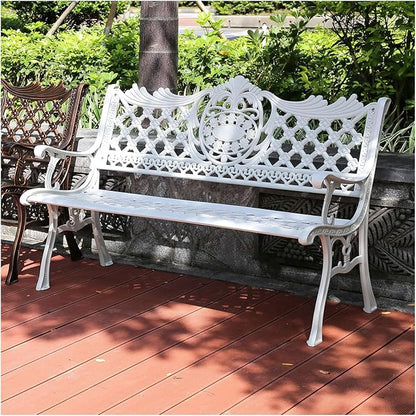 51" Outdoor Bench Garden Bench Cast Aluminum Bench with Floral Back Metal Front Porch Benches for Yard Patio Entryway Park (Pitted White)