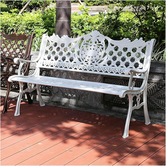 51" Outdoor Bench Garden Bench Cast Aluminum Bench with Floral Back Metal Front Porch Benches for Yard Patio Entryway Park (Pitted White)