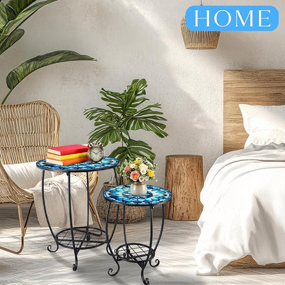 2 Pcs Outdoor Side Table Small Patio Round Mosaic Accent End Table Indoor Plant Metal Coffee Tea Tables for Patio Yard Porch Garden Living Room(12" and 16",Mandala Style)