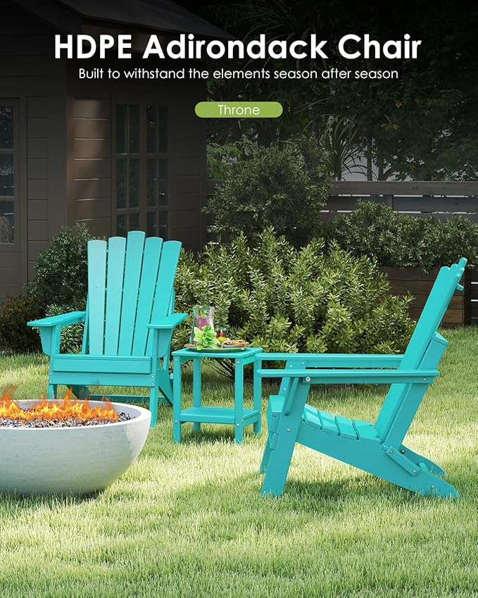 GREENVINES Folding-Adirondack-Chairs-Set-of-2 | HDPE Plastic | Throne Series | Fire Pit Chair | All Weather | for Outdoor Patio Deck Backyard Poolside | Aqua