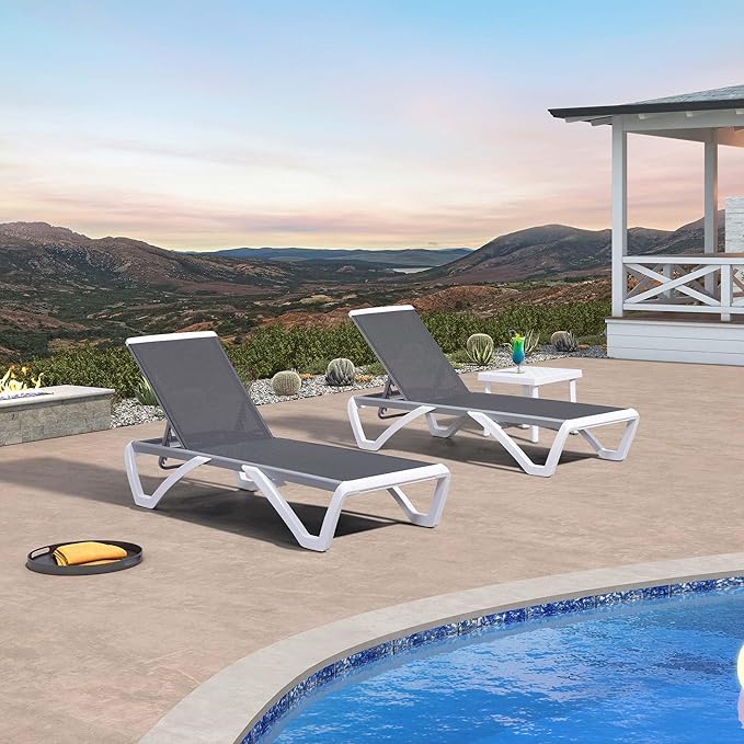 PURPLE LEAF Patio Chaise Lounge Chair Set of 3 Outside Aluminum Plastic Stackable Tanning Chairs for Pool Sunbathing - Photo 1