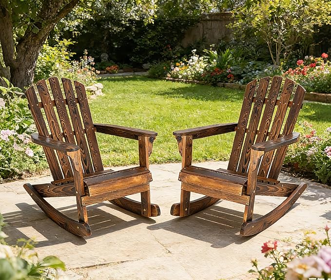 Adirondack Rocking Chairs Set of 2 - Outdoor Wood Rocking Chair, Patio Rocker Rocking Chair High Backrest for Porch, Balcony, Backyard, Poolside