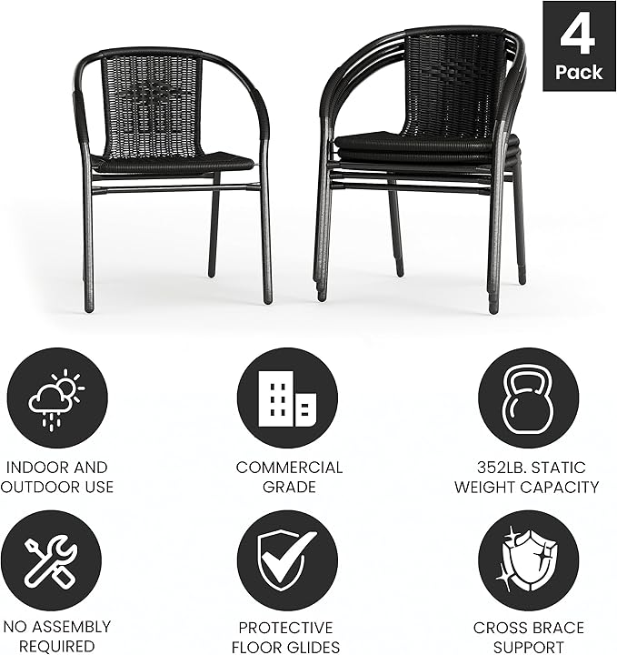 EMMA + OLIVER Set of 4 Modern Rattan Indoor/Outdoor Stack Chairs - Photo 6