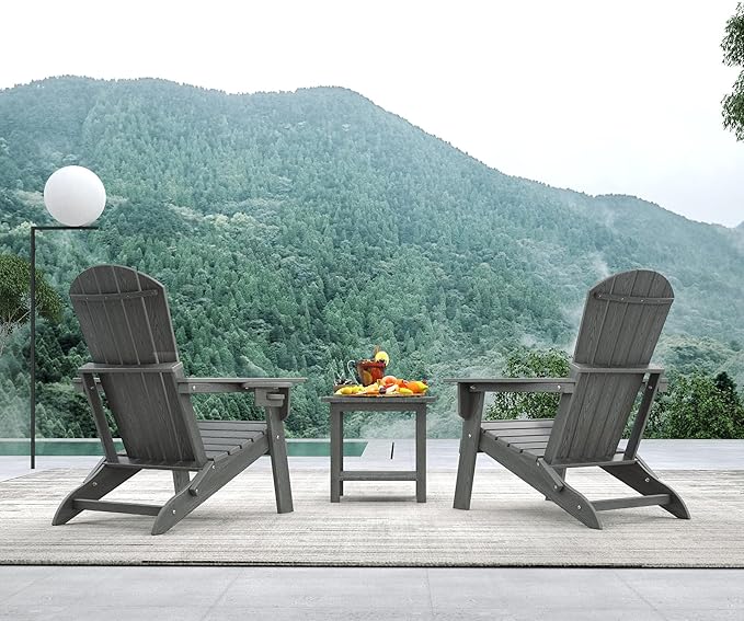 Folding Adirondack Chair, HDPE Outdoor Patio Chair with Cup Holder, All Weather Plastic Lawn Chair with Wide Armrests, Portable Patio Chair for Backyard Deck Garden Fire Pit Poolside, Grey