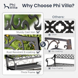PHI VILLA 43 Inch Cast Iron Steel Frame Outdoor Garden Bench, Patio Furniture Chair Bench w/Floral Design Backrest - Photo 9