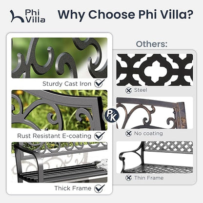 PHI VILLA 43 Inch Cast Iron Steel Frame Outdoor Garden Bench, Patio Furniture Chair Bench w/Floral Design Backrest, Slatted Seat for Park, Yard, Porch - Black