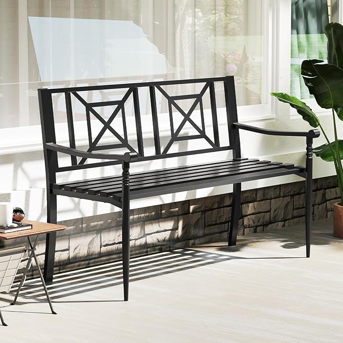 Tangkula Metal Outdoor Park Bench, Patio Garden Bench, Heavy-Duty Slatted Garden Bench for 2-3 People, Patio Park-Style Loveseat with Curved Armrests, Outdoor Seating for Backyard, Lawn, Porch
