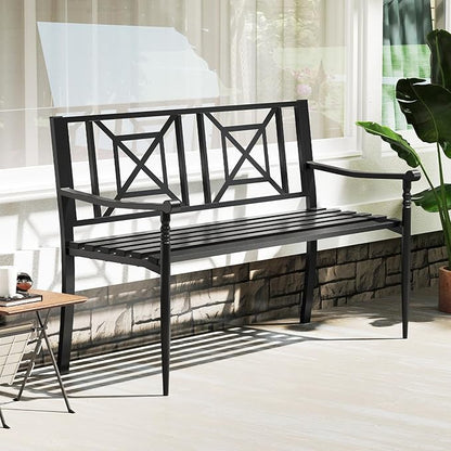 Tangkula Metal Outdoor Park Bench, Patio Garden Bench, Heavy-Duty Slatted Garden Bench for 2-3 People, Patio Park-Style Loveseat with Curved Armrests, Outdoor Seating for Backyard, Lawn, Porch