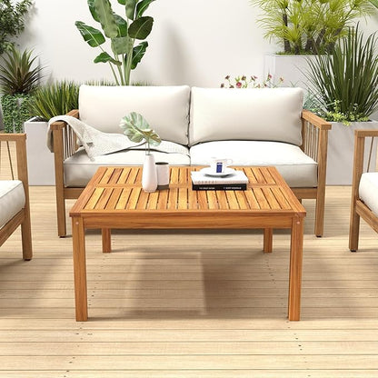 RELAX4LIFE Wood Outdoor Coffee Table - 35.5’’ Square Patio Tables w/Slatted Tabletop & Solid Legs, Patio Dining for Balcony Garden Porch Poolside Deck, Acacia Wooden Outdoor Side Table