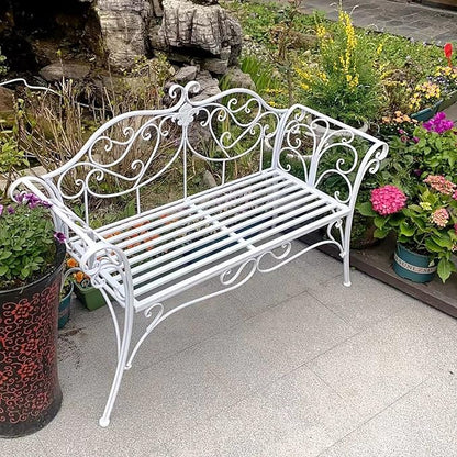 Outdoor Garden Bench 52" - Retro Metal Patio Seating for 2 with Backrest & Armrests - Perfect for Yard, Porch, Lawn & Backyard - White Park Bench
