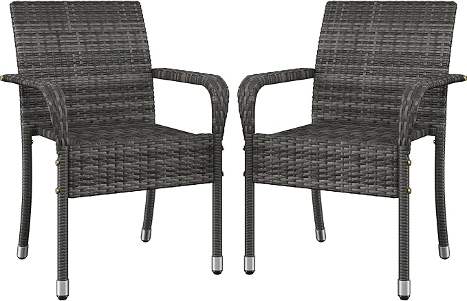Yaheetech Set of 2 Stackable Outdoor Rattan Dining Chairs, All-Weather Firepits Armchair w/Armrests, Steel Frame for Garden, Patio, Deck, Yard, Poolside, Gray