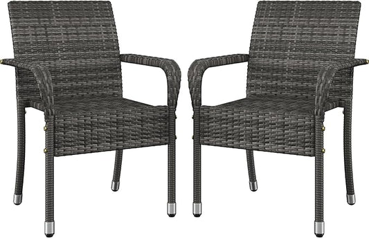 Yaheetech Set of 2 Stackable Outdoor Rattan Dining Chairs, All-Weather Firepits Armchair w/Armrests, Steel Frame for Garden, Patio, Deck, Yard, Poolside, Gray