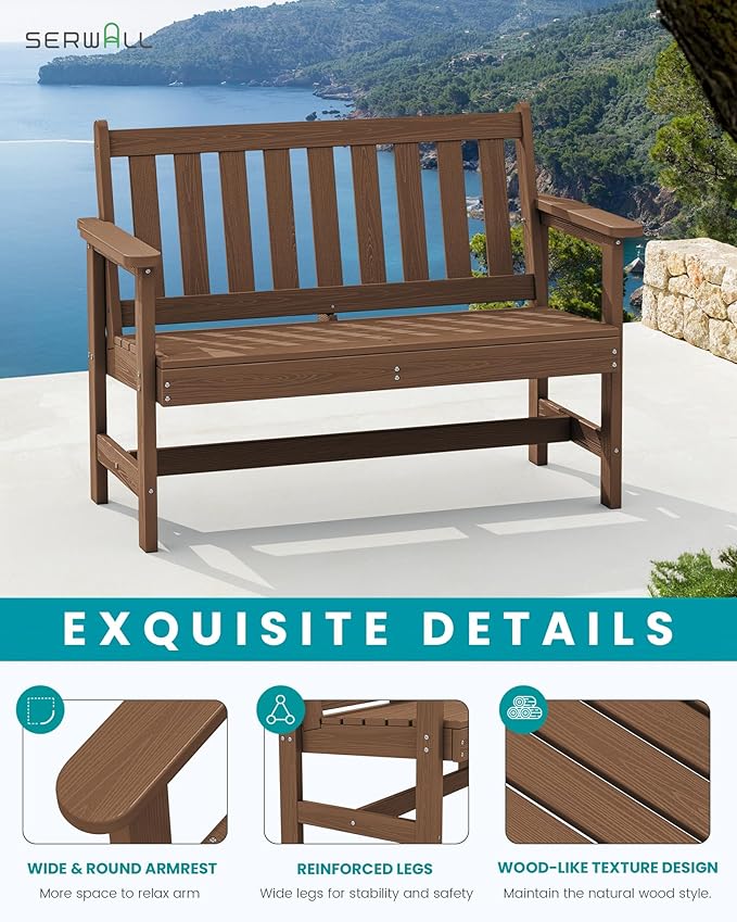 SERWALL Outdoor Bench, HDPE Outdoor Benches Weatherproof, 2-Person Garden Bench with 660 lbs Weight Capacity - Photo 5