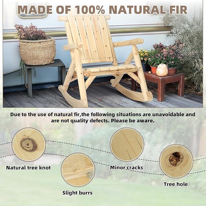 Outdoor Wooden Rocking Chair, Patio Log Rustic Adirondack Porch Rocker, All Weather Solid Wood Rocker Chair with High Back & Slatted Seat for Indoor, Deck, Backyard, Garden, Natural