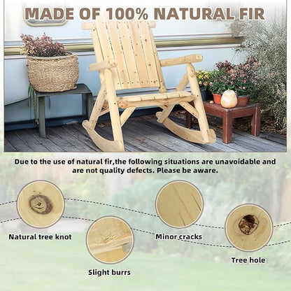 Outdoor Wooden Rocking Chair, Patio Log Rustic Adirondack Porch Rocker, All Weather Solid Wood Rocker Chair with High Back & Slatted Seat for Indoor, Deck, Backyard, Garden, Natural