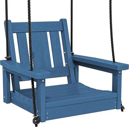 SERWALL HDPE Single Porch Swing, Heavy Duty Single Person Swing Chair with 2 Polypropylene Hanging Ropes, Adirondack Hanging Chair for Outdoor Front Porch Patio Garden Yard, Blue