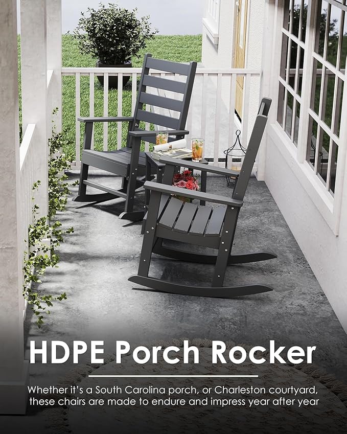 GREENVINES Outdoor-Rocking-Chairs-Set-of-2 | HDPE Plastic | Patio Rockers | Porch Rocker Chair | Shaker | Oversized | High Ladder Back | Big & Tall | PentaLuxe | Grey