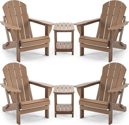 4 Chairs & 2 Tables Folding Adirondack Chair Set with Table – HDPE Weatherproof Outdoor Patio Chairs with Reclining Back and Cup Holders, 2-Tier Storage End Tables for Firepit Garden(Brown)