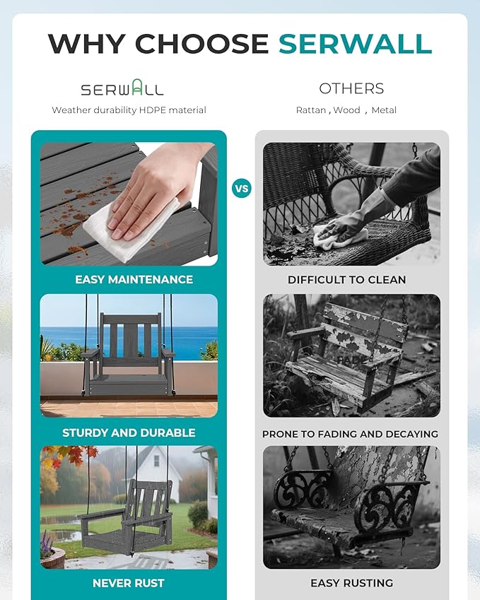 SERWALL HDPE Single Porch Swing Set of 2, Heavy Duty Single Person Swing Chair with 2 Polypropylene Hanging Ropes - Photo 4
