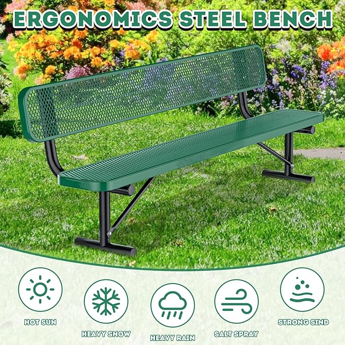 Heavy-Duty Park Bench for Outside - Black Coated Outdoor Furniture Steel Bench, Commercial-Grade Outdoor Benches Weatherproof for Park, Patio, Porch (Portable with Back, 4/6/8 Ft) (Green, 8FT)