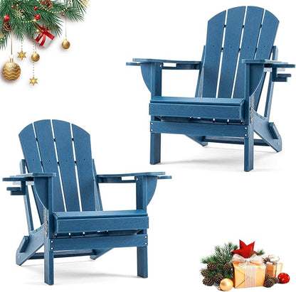 Folding Outdoor Adirondack Chairs Set of 2 with High&Reclining Back-HDPE Weather Resistant Patio Chairs with Cup and Phone Holder for Patio,Fire Pit, Garden and Backyard