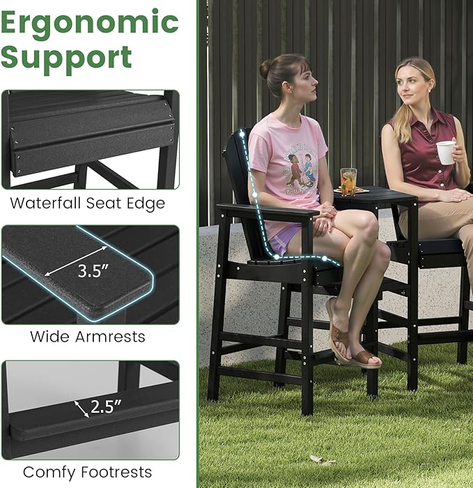 Giantex Outdoor Tall Adirondack Chairs Set of 2, HDPE Adirondack Bar Stools w/Double Connecting Tray, Umbrella Hole, High Backrest, All-Weather Balcony Chair, Patio Barstools for Garden Lawn (Black)