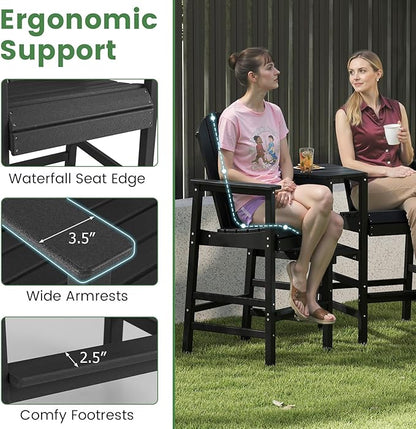Giantex Outdoor Tall Adirondack Chairs Set of 2, HDPE Adirondack Bar Stools w/Double Connecting Tray, Umbrella Hole, High Backrest, All-Weather Balcony Chair, Patio Barstools for Garden Lawn (Black)