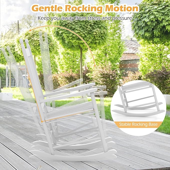 Giantex Outdoor Rocking Chair Set of 2, All Weather Patio Rocker w/Solid Rocking Base & High-Back, Slatted Seat & Back, Acacia Wood Porch Rocker, Wooden Patio Rocking Chair for Backyard, White