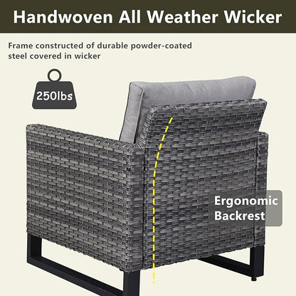 Rilyson Wicker Outdoor Patio Furniture Set - 6 Piece Patio Conversation Set with 2 Armrest Chairs,2 Rattan Ottoman,1 Couch and 1 Metal Side Table for Outside Porch Deck Backyard(Mixed Grey/Grey)