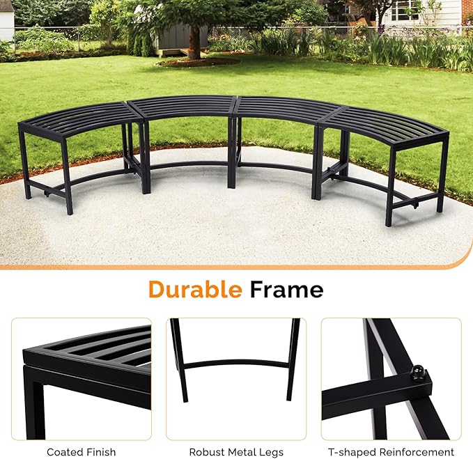 VINGLI Outdoor Metal Curved Bench, Weatherproof Fire Pit Bench Set of 4, Heavy Duty Steel Backless Benches - Photo 5