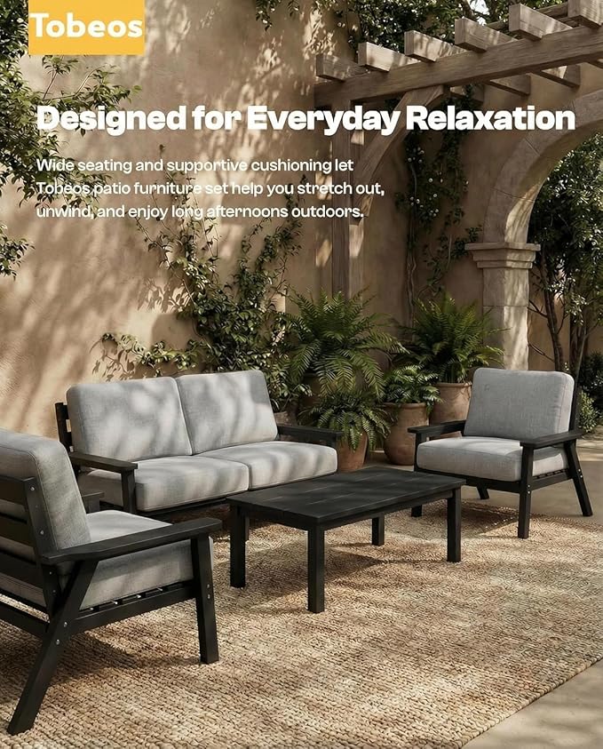 HDPE Patio Furniture Set 10 Seats, Outdoor Couch with Washable Thick Gray Cushions & Coffee Table & Side Table, Outdoor Sectional Furniture for Backyard, Deck, Lawn, Porch (Black Frame)