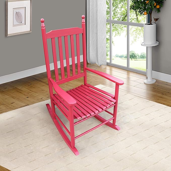 Wood Rocking Chair with High Back and Armrest for Indoor Outdoor Use, Wooden Frame Patio Porch Rocking Chair with Rocker, Front Porch Chairs for Deck Garden Lawn Balcony Backyard, Red