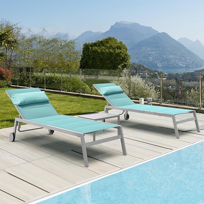 Domi Patio Chaise Lounge Set of 2 with Side Table, Adjustable Full Aluminum Pool Lounge Chairs with Wheels - Photo 8