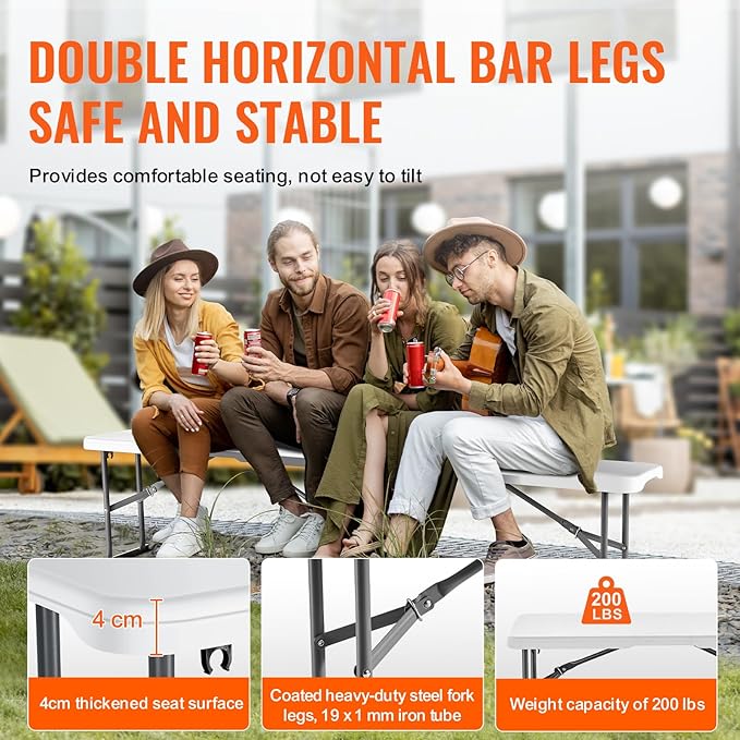 VEVOR Plastic Folding Bench, 6ft Portable Folding Bench, Smooth High Density Polyethylene Waterproof Outdoor Bench - Photo 6