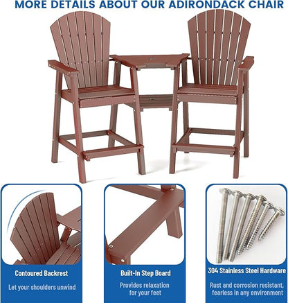 FOOWIN Tall Adirondack Chair Set of 2, All Weather HDPE Bar Height Adirondack Chair with Double Connecting Trays, Adirondack Barstools for Balcony, Deck, Backyard, Patio, Garden Brown