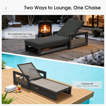 PURPLE LEAF Outdoor Chaise Lounge Set of 2 Reclining 2 in 1 Design Lounger Chair with Cushion Deluxe Aluminum Oversize Pool Lounge Chairs with Armrests & Backrest for Patio Poolside Backyard, Grey
