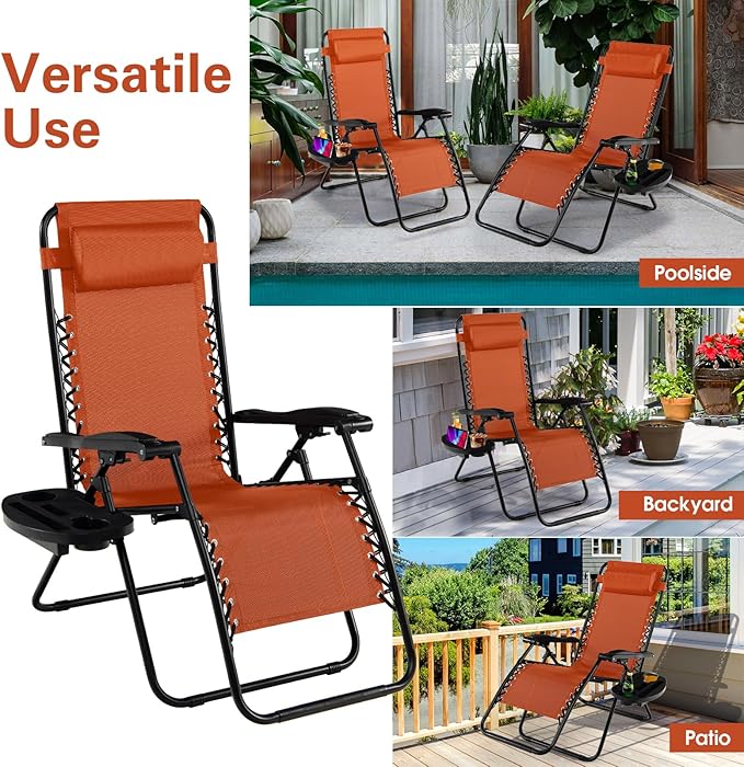 Goplus Zero Gravity Lounge Chairs, 160°Adjustable Folding Recliner w/Pillow and Cup Holder, 350LBS Comfy Outdoor Lounge Chairs for Patio, Lawn, Yard & Camp(Set of 2, Orange)