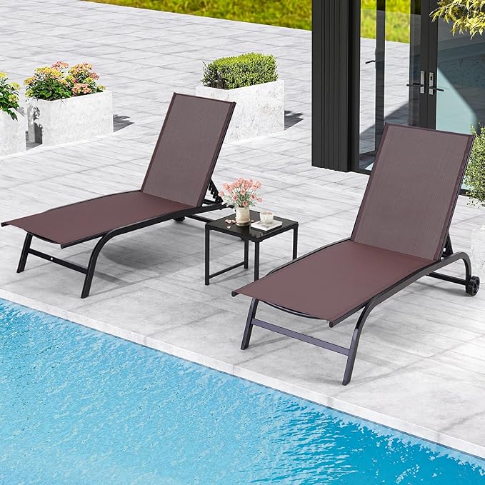 EROMMY Patio Chaise Lounge Chair Set of 2 with Table, Adjustable Backrest & Wheels, Oversized 26" W Outdoor Poolside Recliners for Garden, Deck, Lawn, Backyard