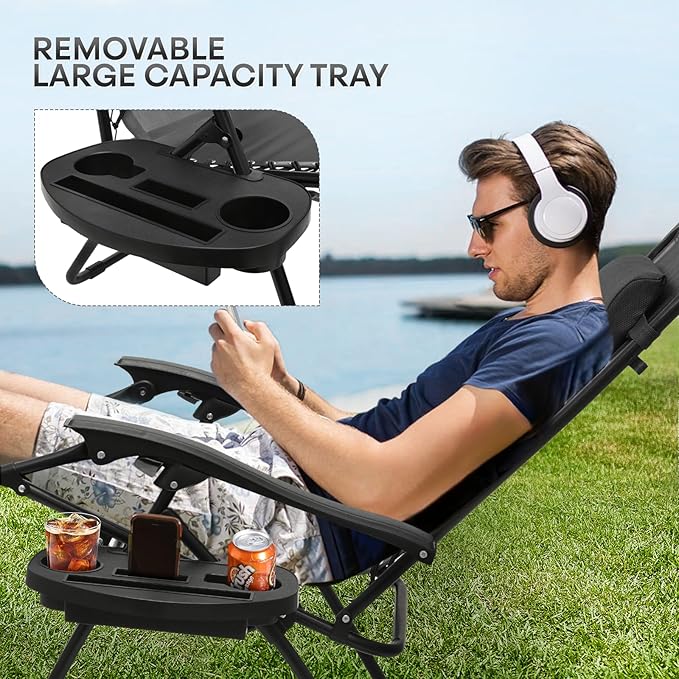 Athena Collection Zero Gravity Chair, Outdoor Lounge Chair with Adjustable Pillow and Cup Holder, Reclining Camping Chair for Outside Beach Lawn Garden Patio Poolside Set of 2 - Black