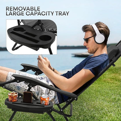 Athena Collection Zero Gravity Chair, Outdoor Lounge Chair with Adjustable Pillow and Cup Holder, Reclining Camping Chair for Outside Beach Lawn Garden Patio Poolside Set of 2 - Black