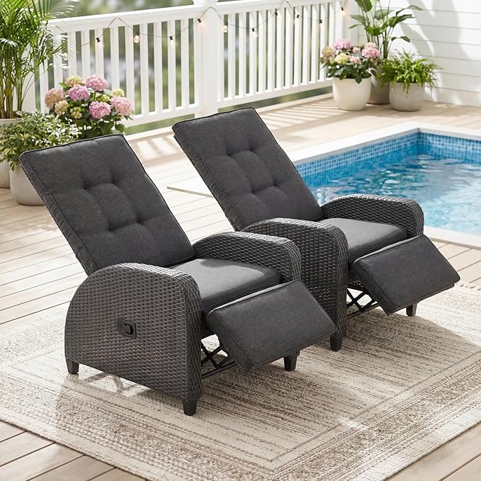 Green4ever 2-Peices Outdoor Patio Recliner with Adjustable Backrest, All-Weather Wicker Patio Chair with Side Table, 160° Lay Flat Patio Reclining Lounge Chair for Garden Backyard, Grey