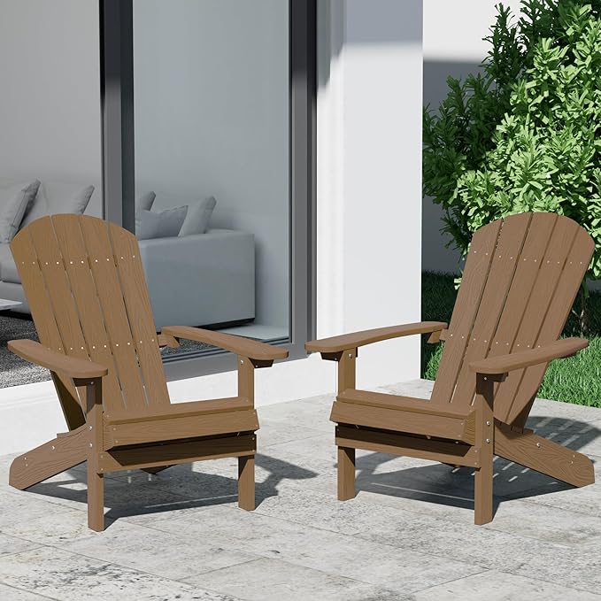 YEFU Plastic Adirondack Chairs Set of 2: Weather Resistant HIPS Composite Adirondack Chair for Outdoor Use - Oversized Backrest Fire Pit Chairs for Adults Outside Relaxation Leisure Party (Teak)