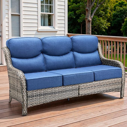71'' Patio Couch Outdoor Wicker Sofa, Heavy Duty All-Weather Rattan 3-Seater Sofa with Deep Seating and Removable Cover, Outdoor Patio Furniture for Deck Porch Sunroom Backyard Grey/Blue